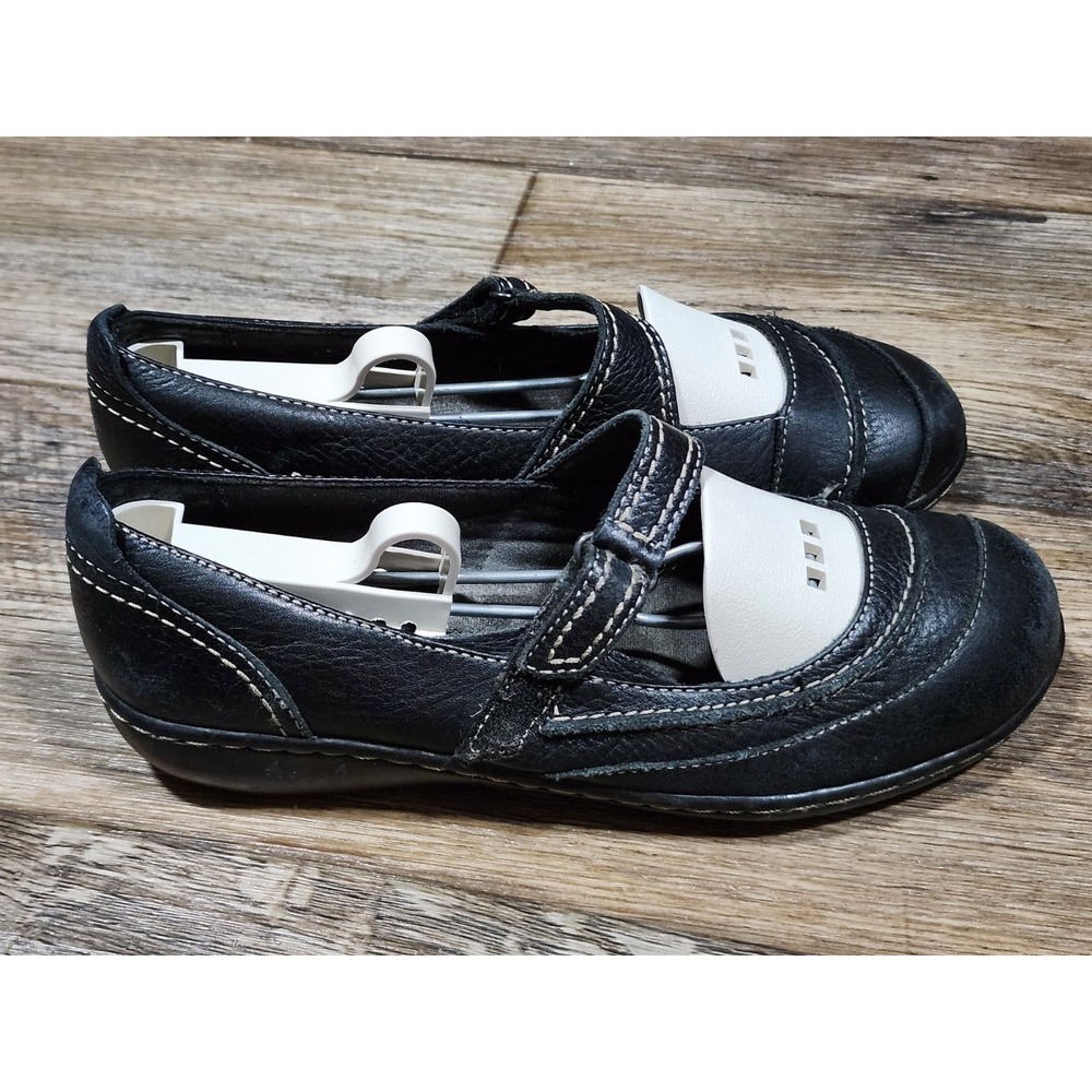 CLARKS Womens 7M Ashland Avenue Mary Jane Size 7 Black Leather Shoes Hook & Loop
